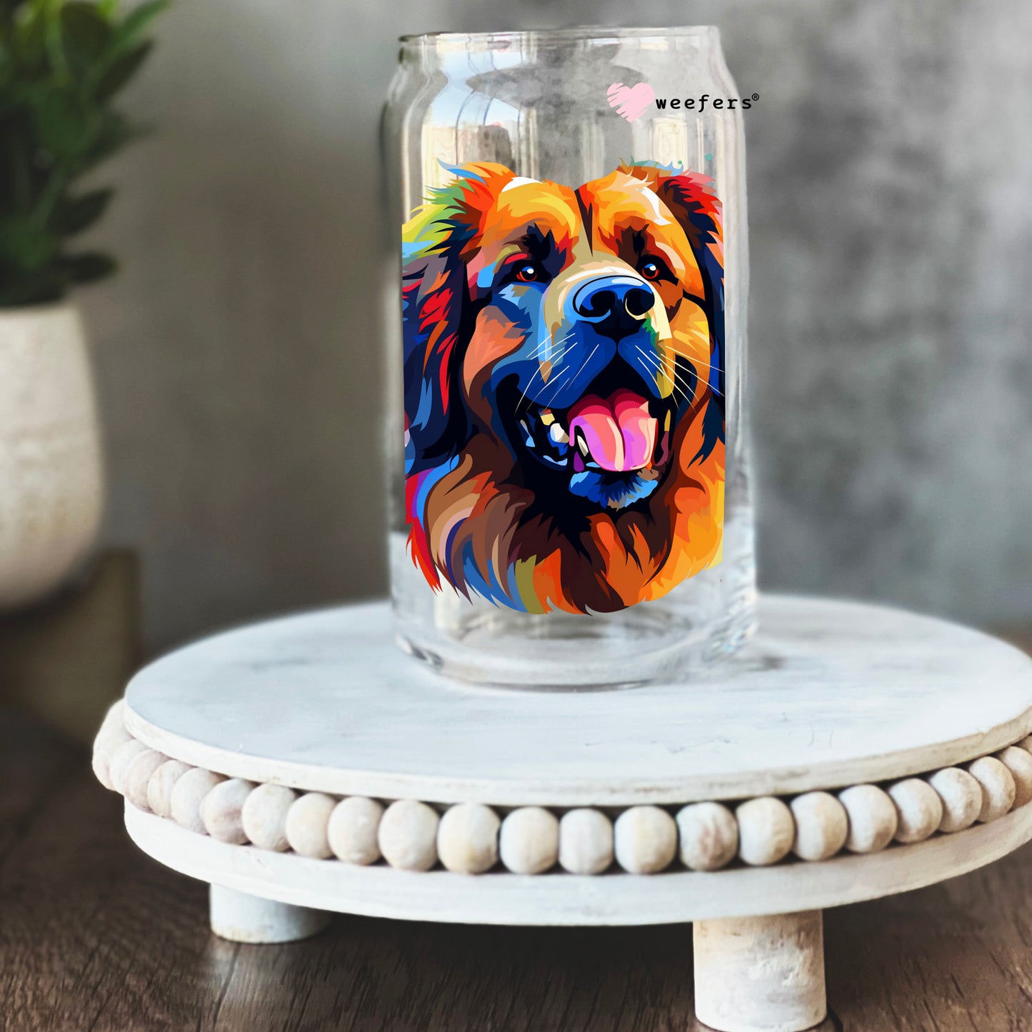 Leonberger Retriever Colorful Watercolor 16oz Libbey Glass Can UV DTF or Sublimation Wrap - Decal - Weefers