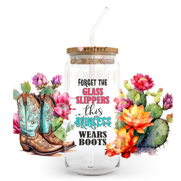 a glass jar with a cowboy boot and flowers inside