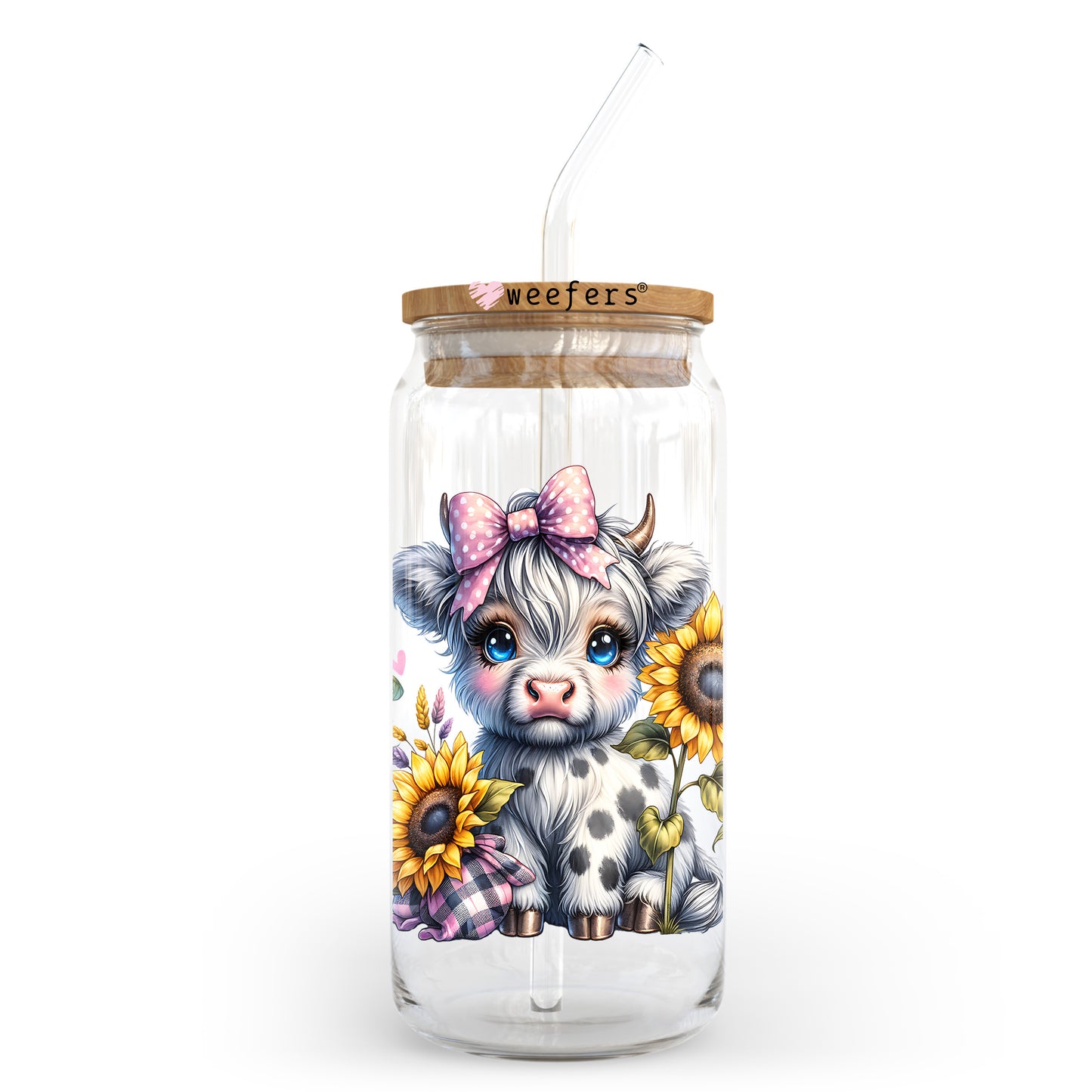 Sunflower Cute Highlander Cow 20oz Libbey Glass Can UV DTF or Sublimation Wrap Transfer - Weefers