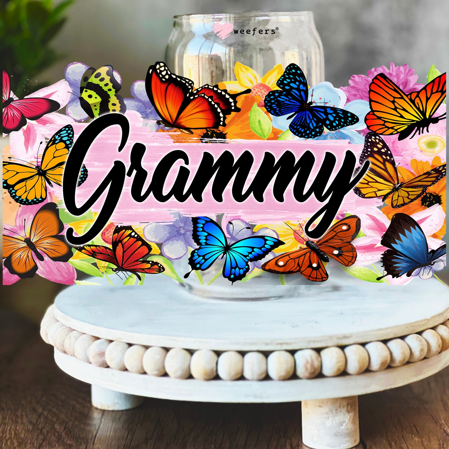 Grammy Colorful Butterflies 16oz Libbey Glass Can UV DTF or Sublimation Wrap Decal Transfer - Weefers