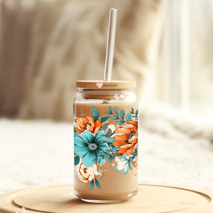 Floral Teal and Rust Swag 16oz Libbey Glass Can UV DTF or Sublimation Wrap - Transfer - Weefers