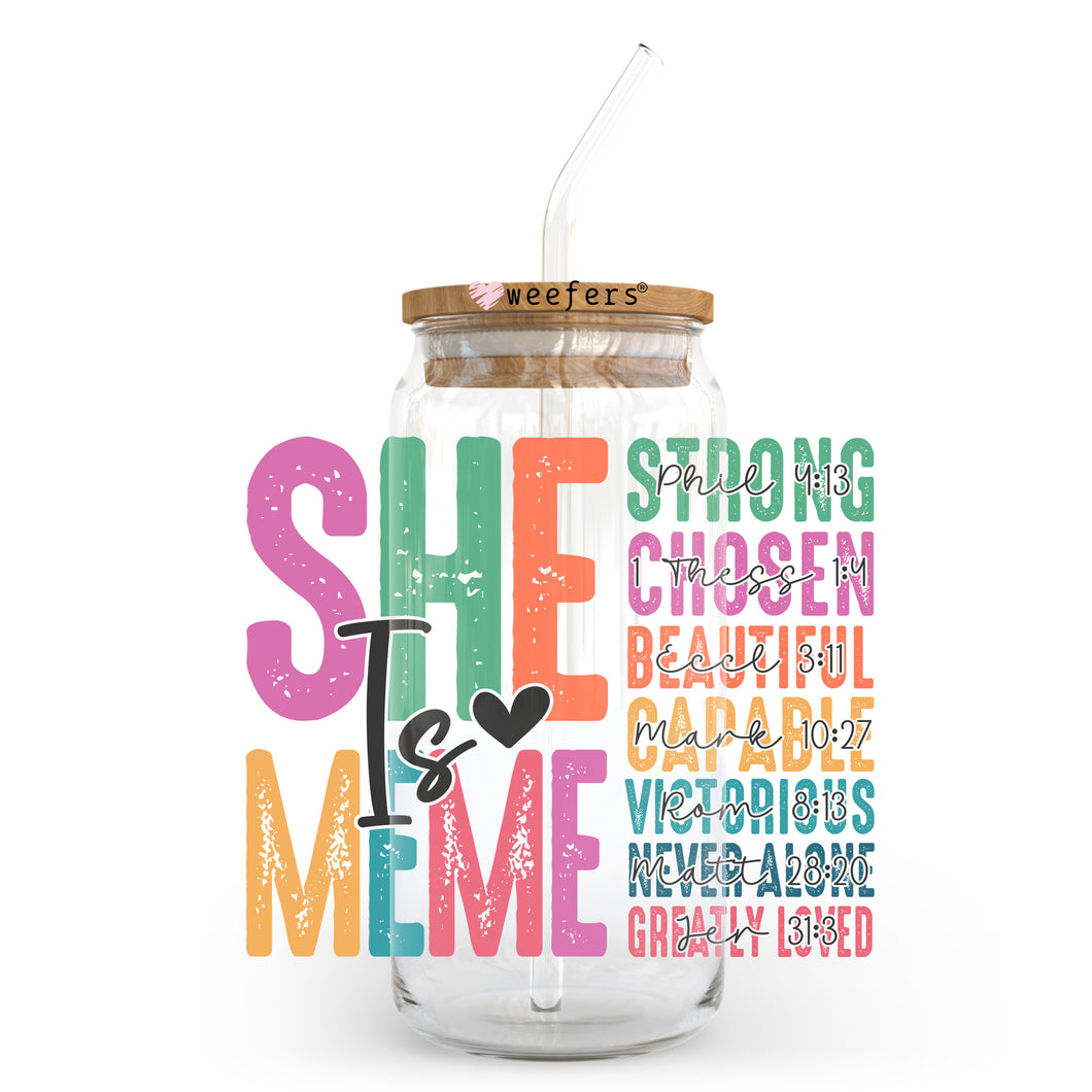 a jar with a straw in it that says she is me