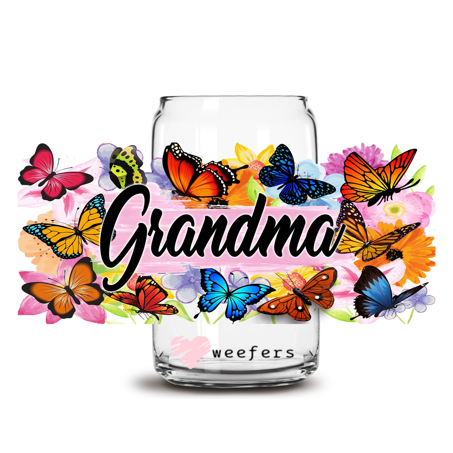 Grandma Colorful Butterflies 16oz Libbey Glass Can UV DTF or Sublimation Wrap Decal Transfer - Weefers