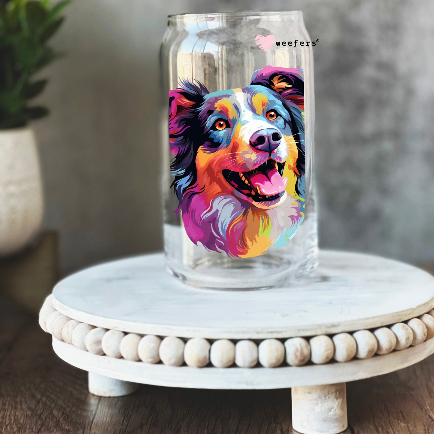 Collie Colorful Watercolor 16oz Libbey Glass Can UV DTF or Sublimation Wrap - Decal - Weefers