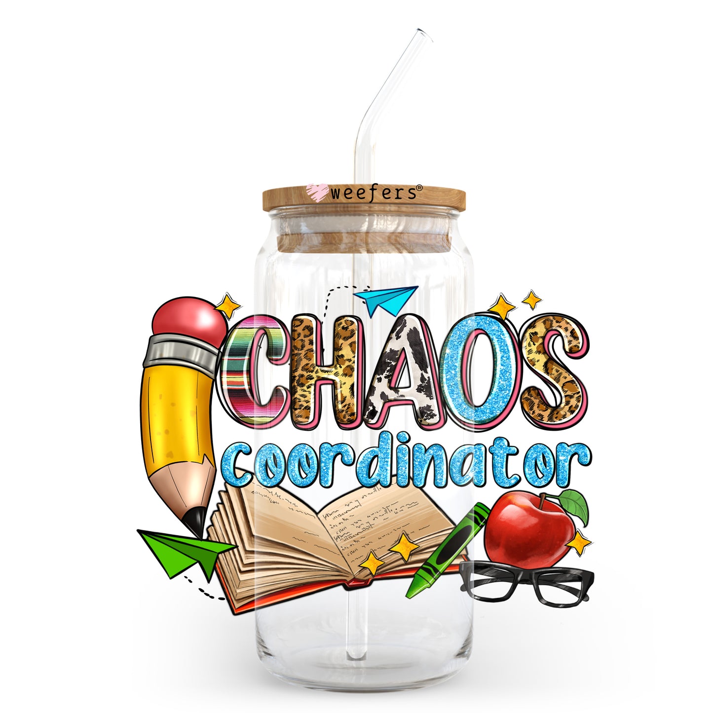 Chaos Coordinator Pencil Book 20oz Libbey Glass Can UV DTF or Sublimation Wrap - Decal Transfer - Weefers