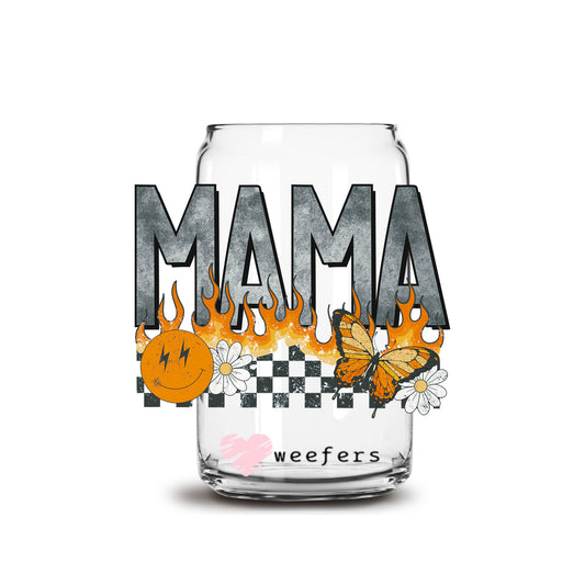 Mama Checkered Flames 16oz Libbey Glass Can UV DTF or Sublimation Decal - Transfer - Weefers