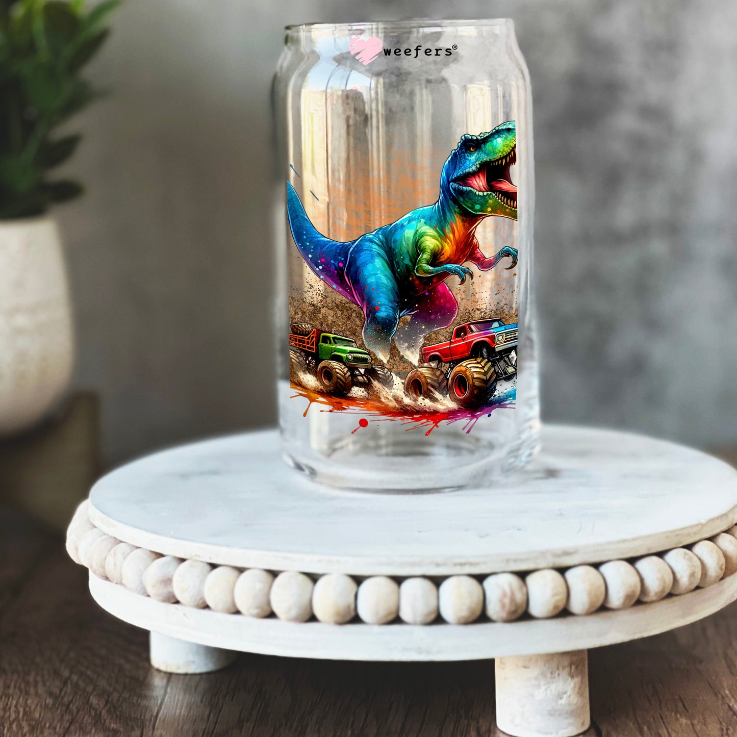 Dinosaur Crushing Monster Trucks 16oz Libbey Glass Can UV DTF or Sublimation Wrap - Decal Transfer - Weefers