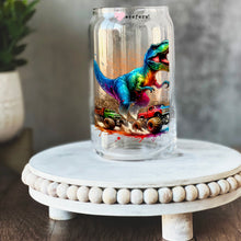 Load image into Gallery viewer, a glass jar with a picture of a dinosaur on it
