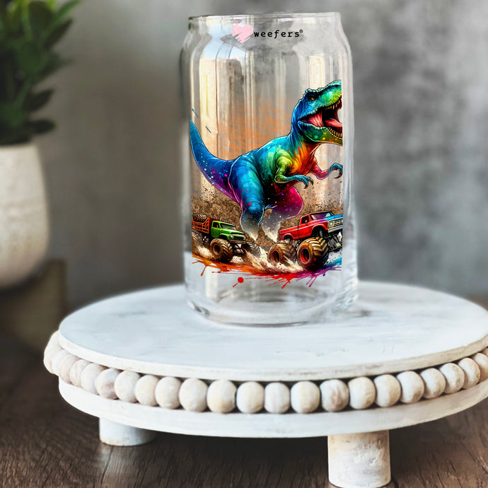 a glass jar with a picture of a dinosaur on it