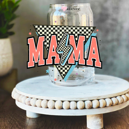 Coral Retro Checkered Mama 16oz Libbey Glass Can UV DTF or Sublimation Wrap Decal Transfer - Weefers