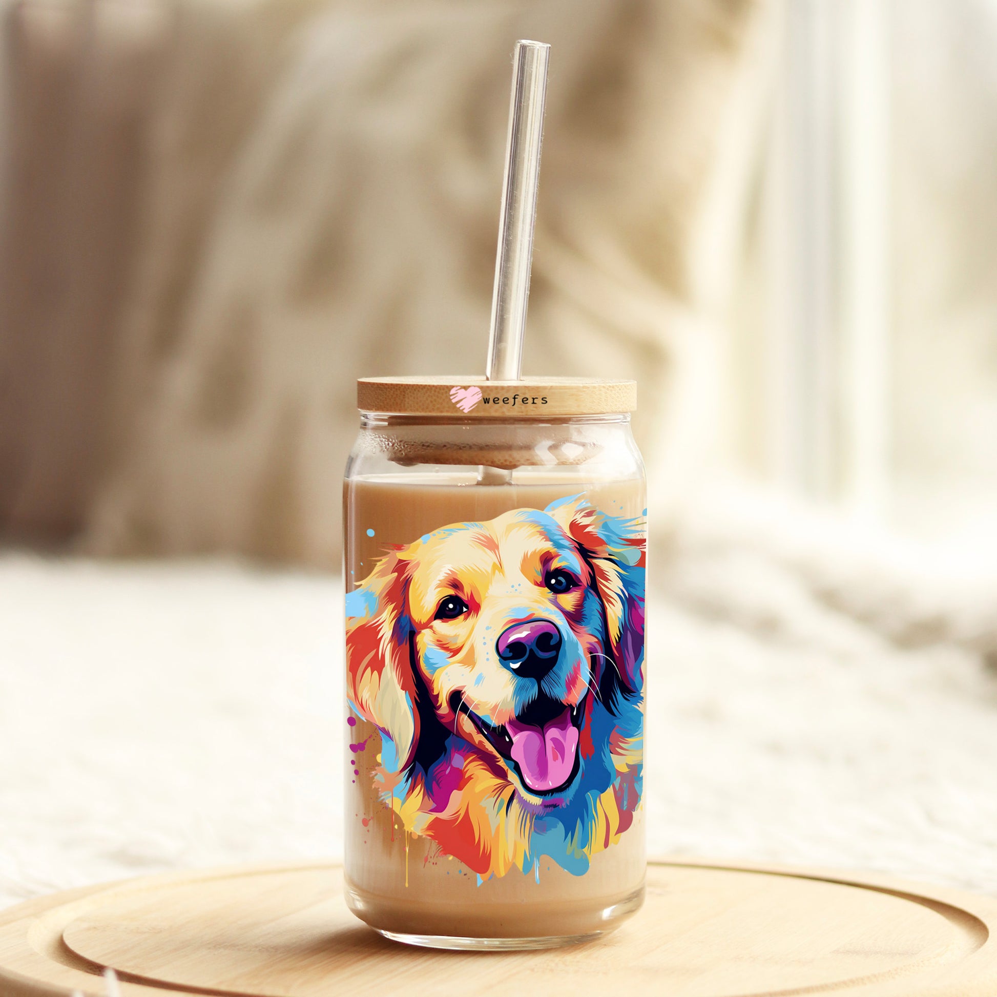 Golden Retriever Colorful Watercolor 16oz Libbey Glass Can UV DTF or Sublimation Wrap - Decal - Weefers