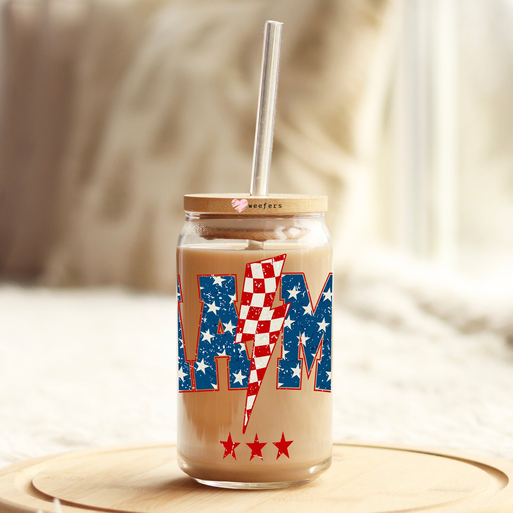 Mama Lightening Bolt 4th of July 16oz Libbey Glass Can UV DTF or Sublimation Wrap Decal Transfer - Weefers