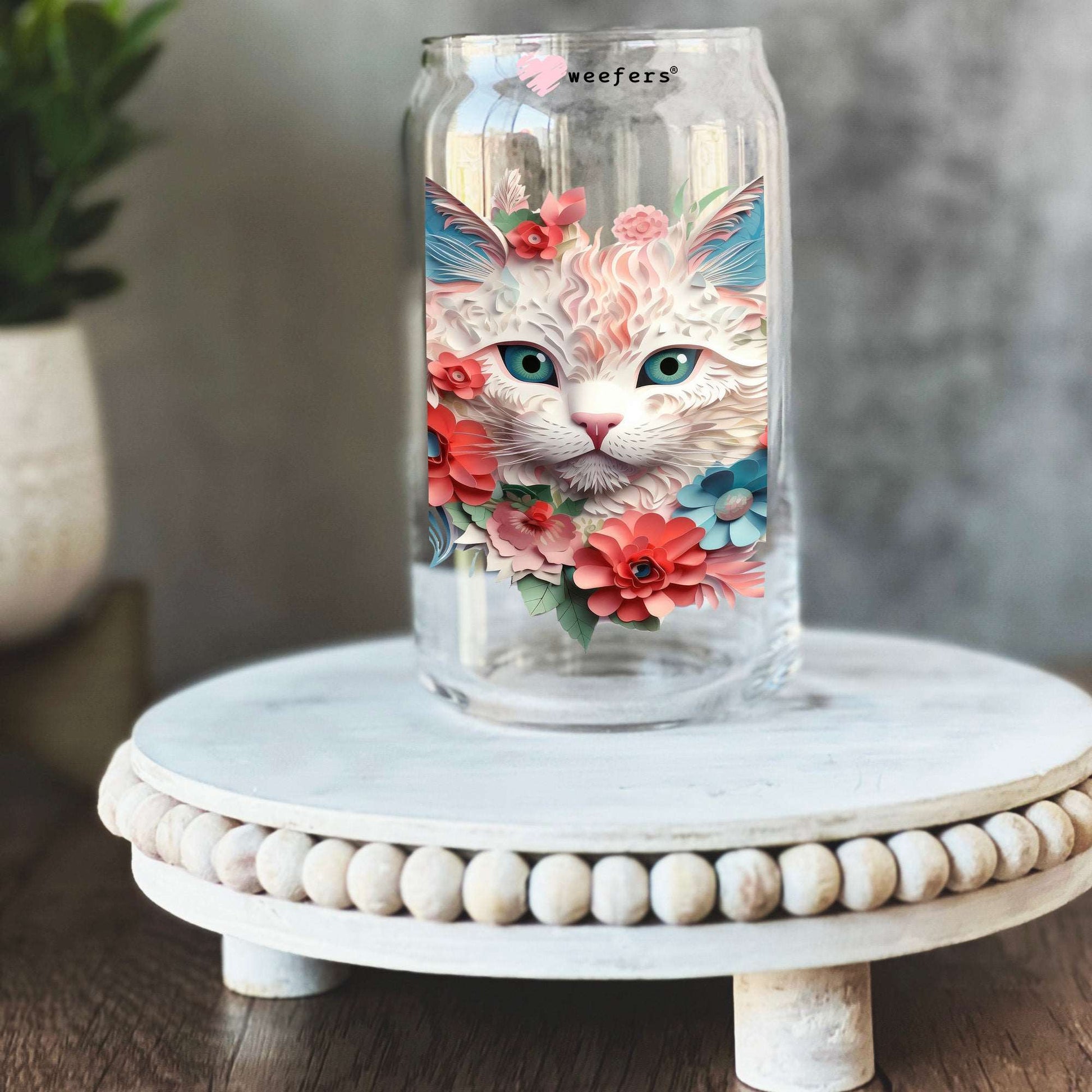 3D Flower Cat 16oz Libbey Glass Can UV DTF or Sublimation Wrap - Transfer - Weefers