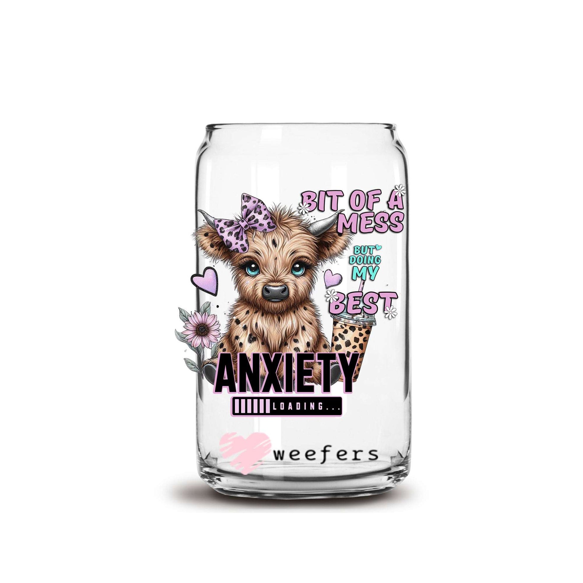 A Bit of a Mess But Doing My Best Purple Highland Cow 16oz Libbey Glass Can UV DTF or Sublimation Decal Transfer - Weefers