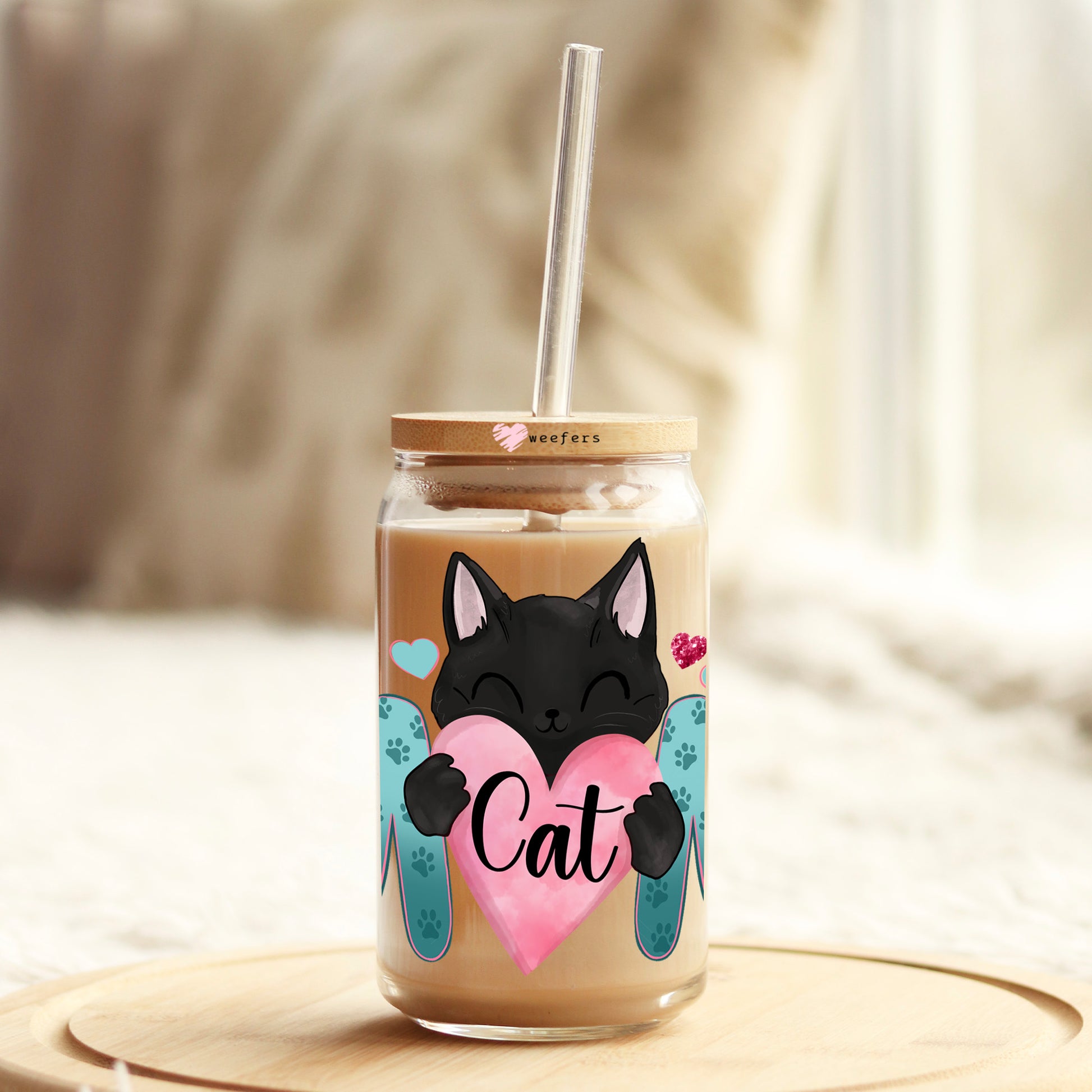 Cat Mom Heart 16oz Libbey Glass Can UV DTF or Sublimation Wrap Decal Transfer - Weefers