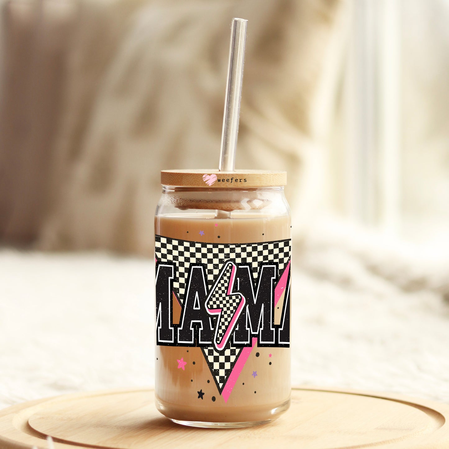 Retro Checkered Mama 16oz Libbey Glass Can UV DTF or Sublimation Wrap Decal Transfer - Weefers