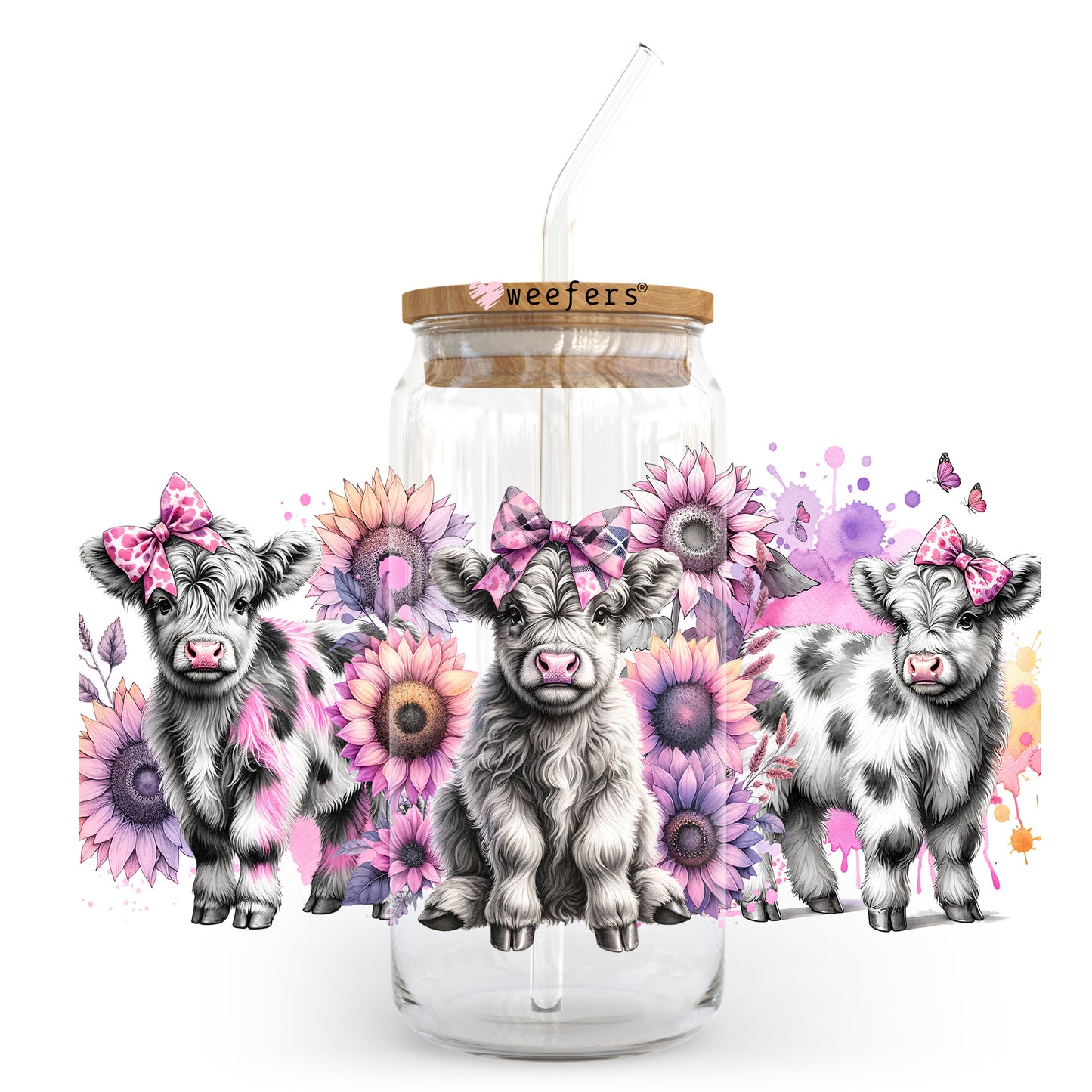 Pink Sunflower Cute Highlander Cow 20oz Libbey Glass Can UV DTF or Sublimation Wrap Transfer - Weefers