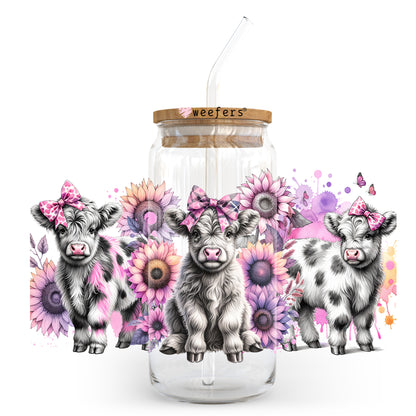 Pink Sunflower Cute Highlander Cow 20oz Libbey Glass Can UV DTF or Sublimation Wrap Transfer - Weefers