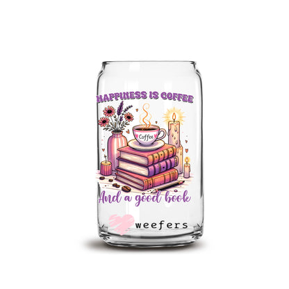 Happiness is Coffee and a Good Book 16oz Libbey Glass Can UV DTF or Sublimation Wrap - Decal - Weefers