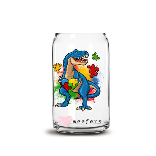 Autism Awareness T-Rex 16oz Libbey Glass Can UV DTF or Sublimation Wrap - Decal Transfers - Weefers