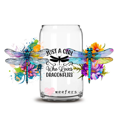 Just a Girl who Loves Dragonflies  16oz Libbey Glass Can UV DTF or Sublimation Wrap - Transfer - Weefers