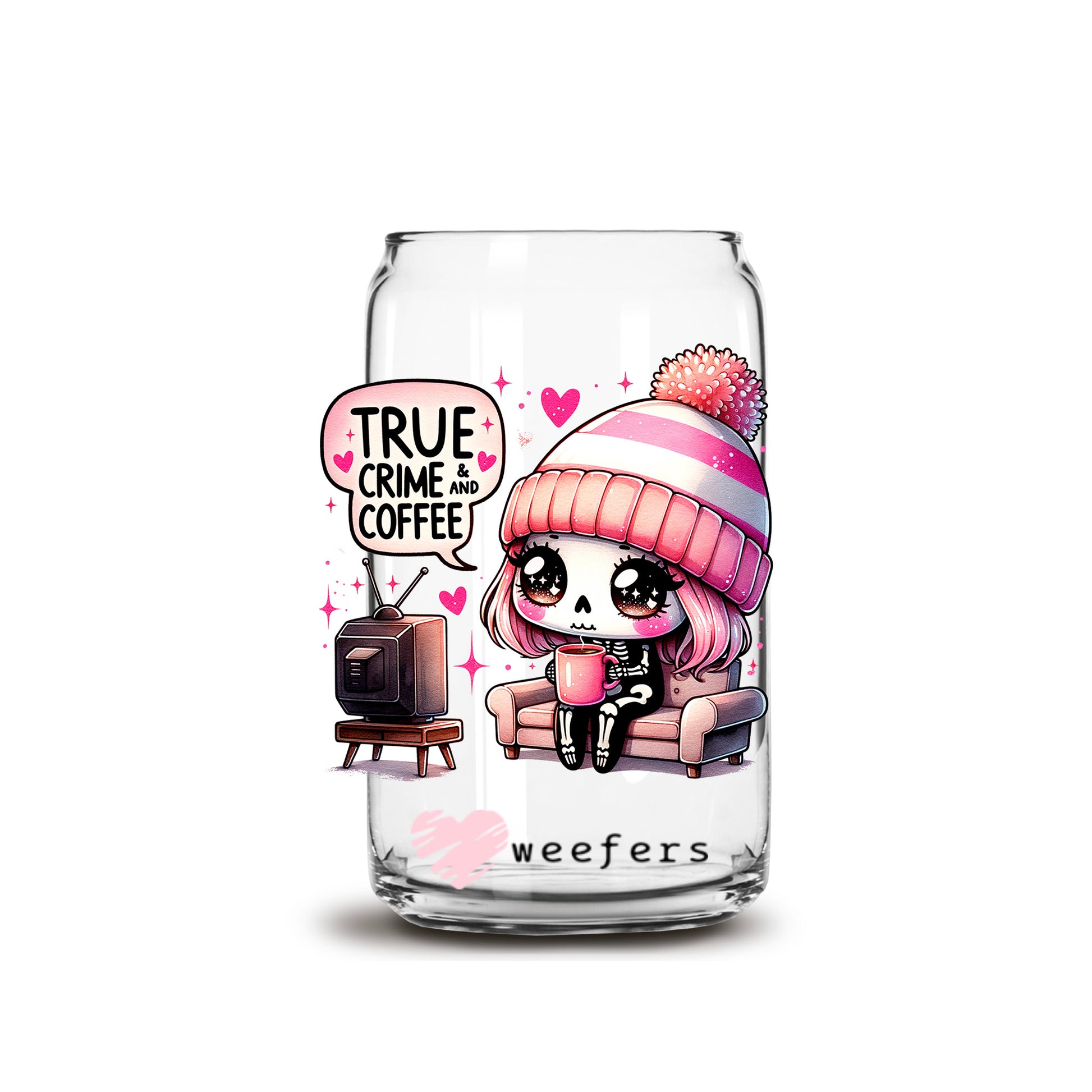 True Crime And Coffee 16oz Libbey Glass Can UV DTF or Sublimation Wrap Decal Transfer - Weefers