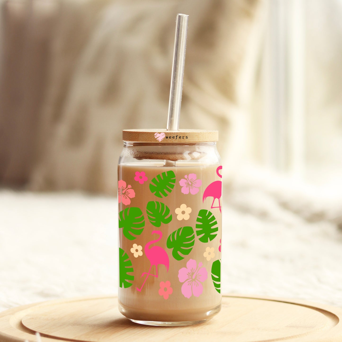 Tropical Flamingos  16oz Libbey Glass Can UV DTF or Sublimation Wrap - Transfer - Weefers