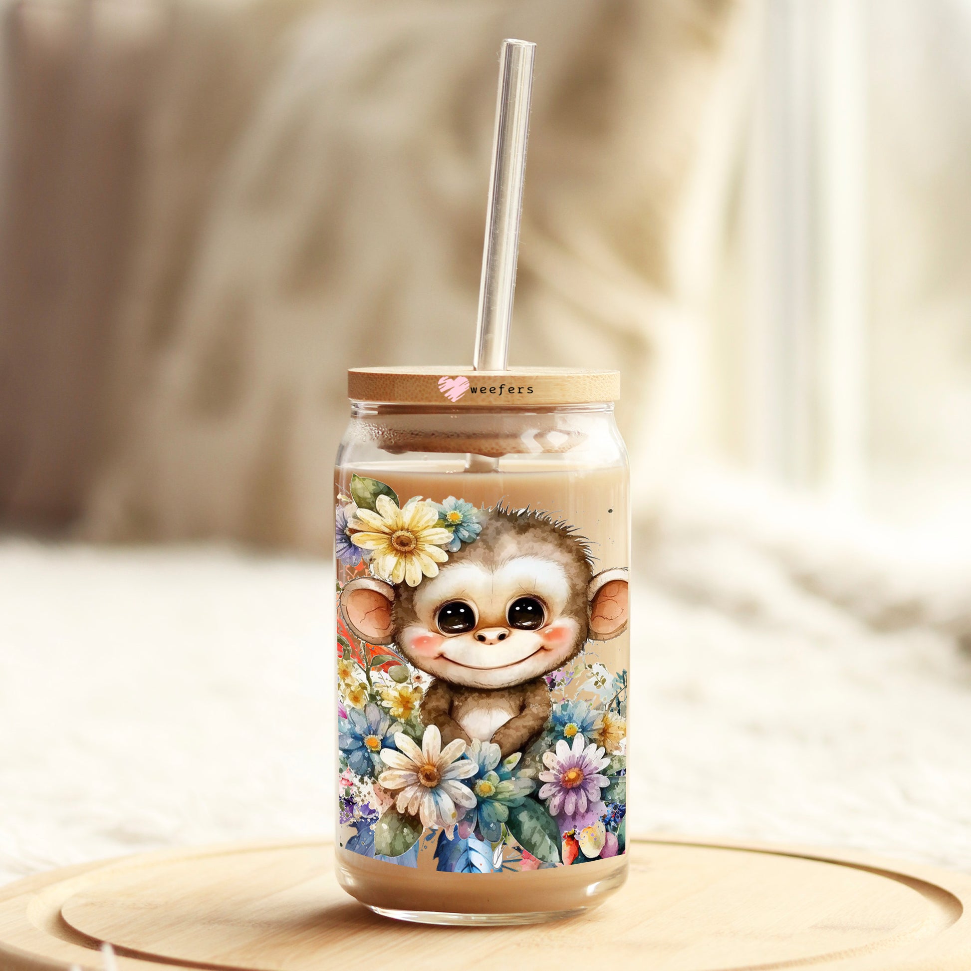 Cute Floral Monkey 16oz Libbey Glass Can UV DTF or Sublimation Wrap Transfer - Weefers