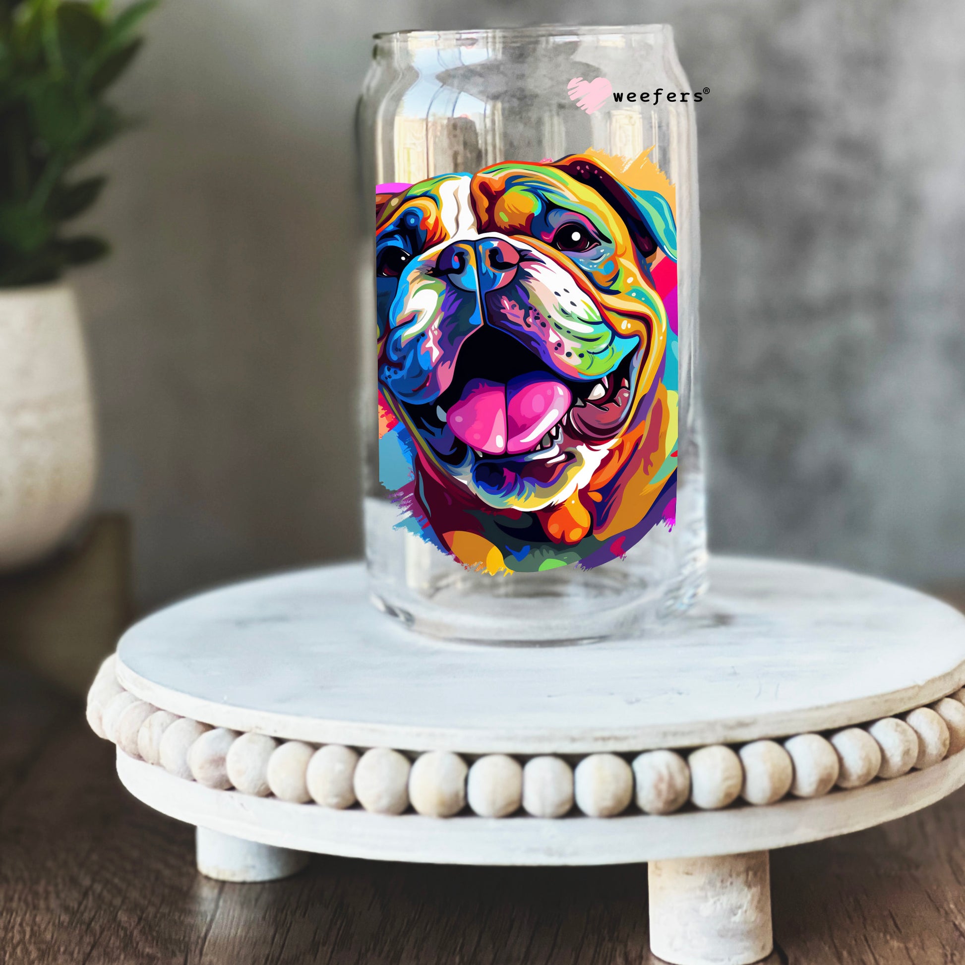 Bulldog Colorful Watercolor 16oz Libbey Glass Can UV DTF or Sublimation Wrap - Decal - Weefers