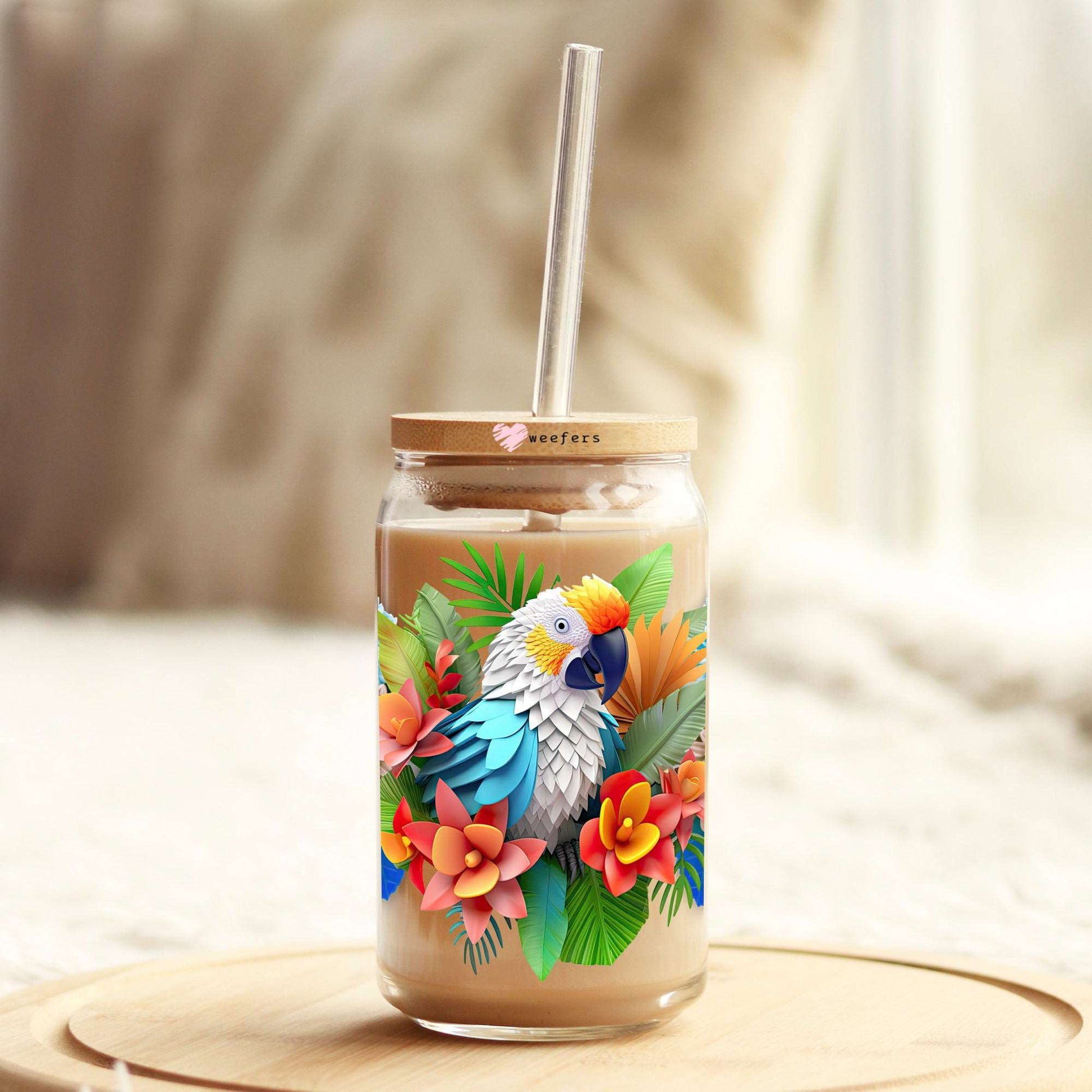 3D Parrot Floral 16oz Libbey Glass Can UV DTF or Sublimation Cup Wrap - Decal Transfer - Weefers