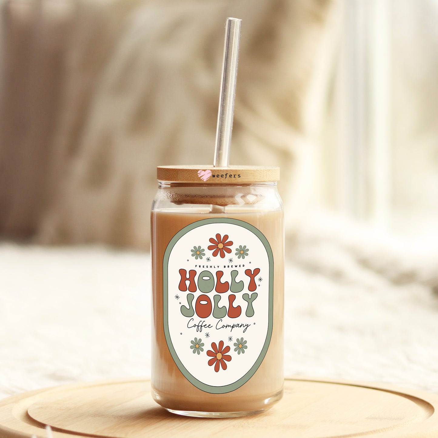 Green Outline Freshly Brewed Holly Jolly Coffee Company 16oz Libbey Glass Can UV DTF or Sublimation Wrap Decal Transfer - Weefers