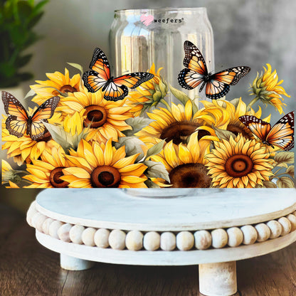 Sunflowers And Butterflies 16oz Libbey Glass Can UV DTF or Sublimation Wrap Decal Transfer - Weefers