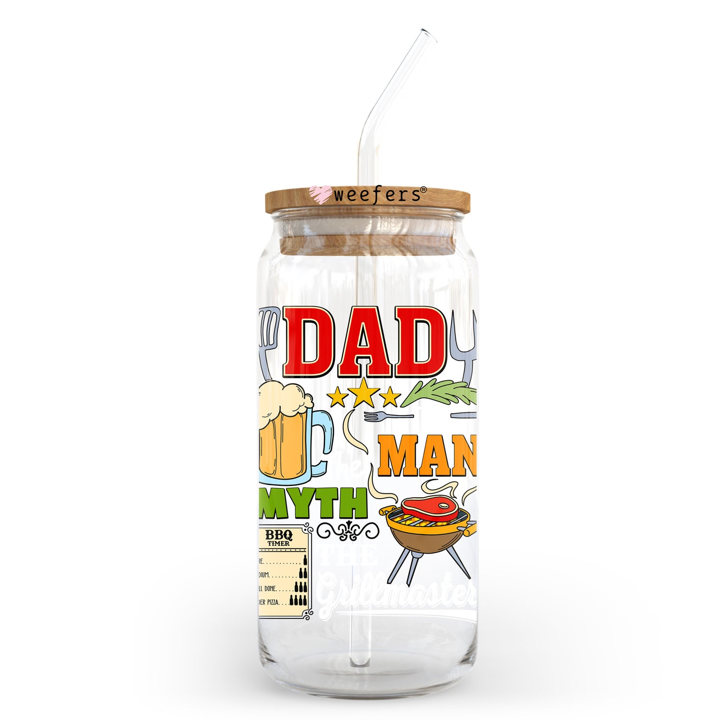 Dad the Man the Myth the Grillmaster White 20oz Libbey Glass Can, 34oz Hip Sip, 40oz Tumbler, 24oz Cold Cup UV DTF or Sublimation Decal Transfer - Weefers