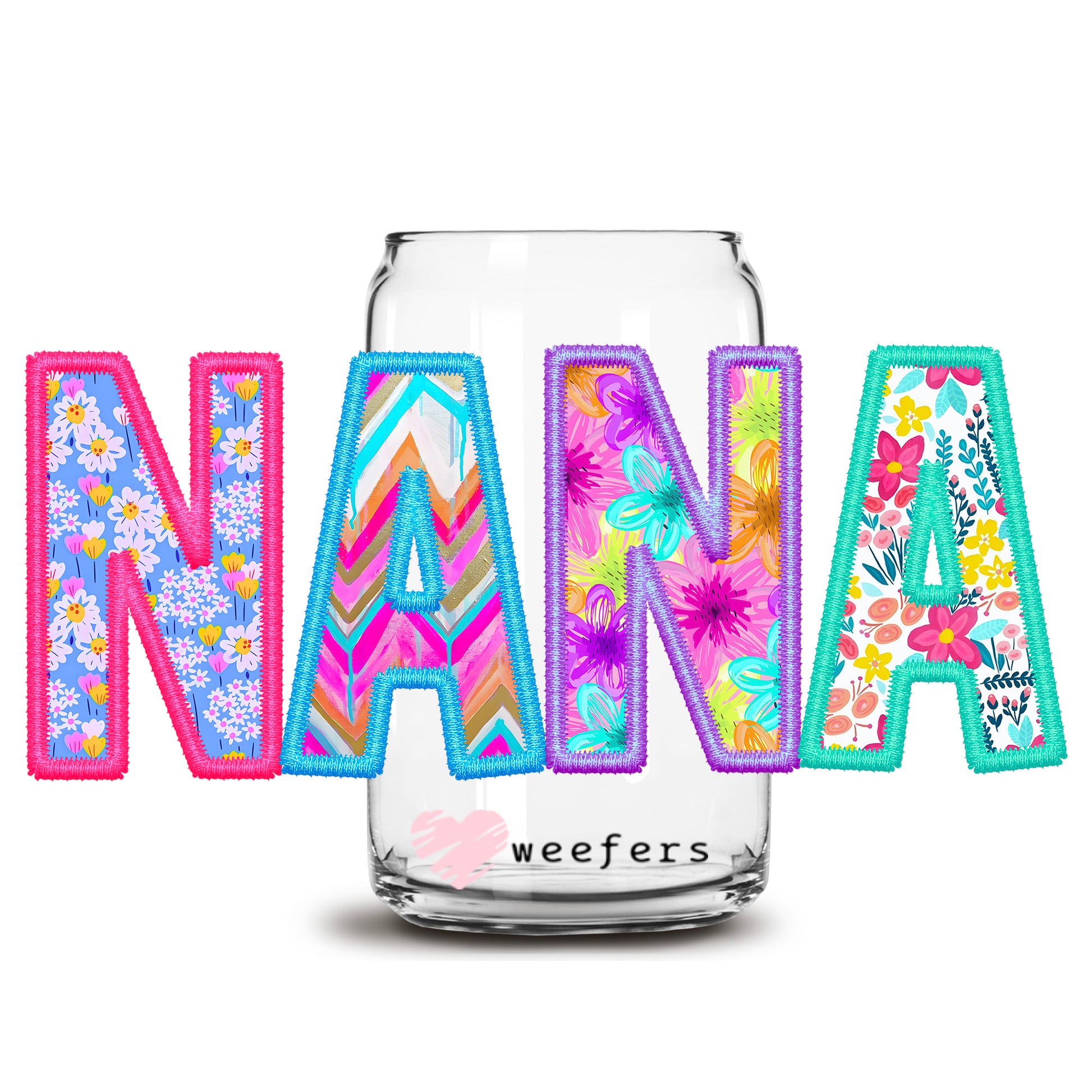 Colorful Faux Embroidery Nana 16oz Libbey Glass Can UV DTF or Sublimation Wrap - Transfer - Weefers