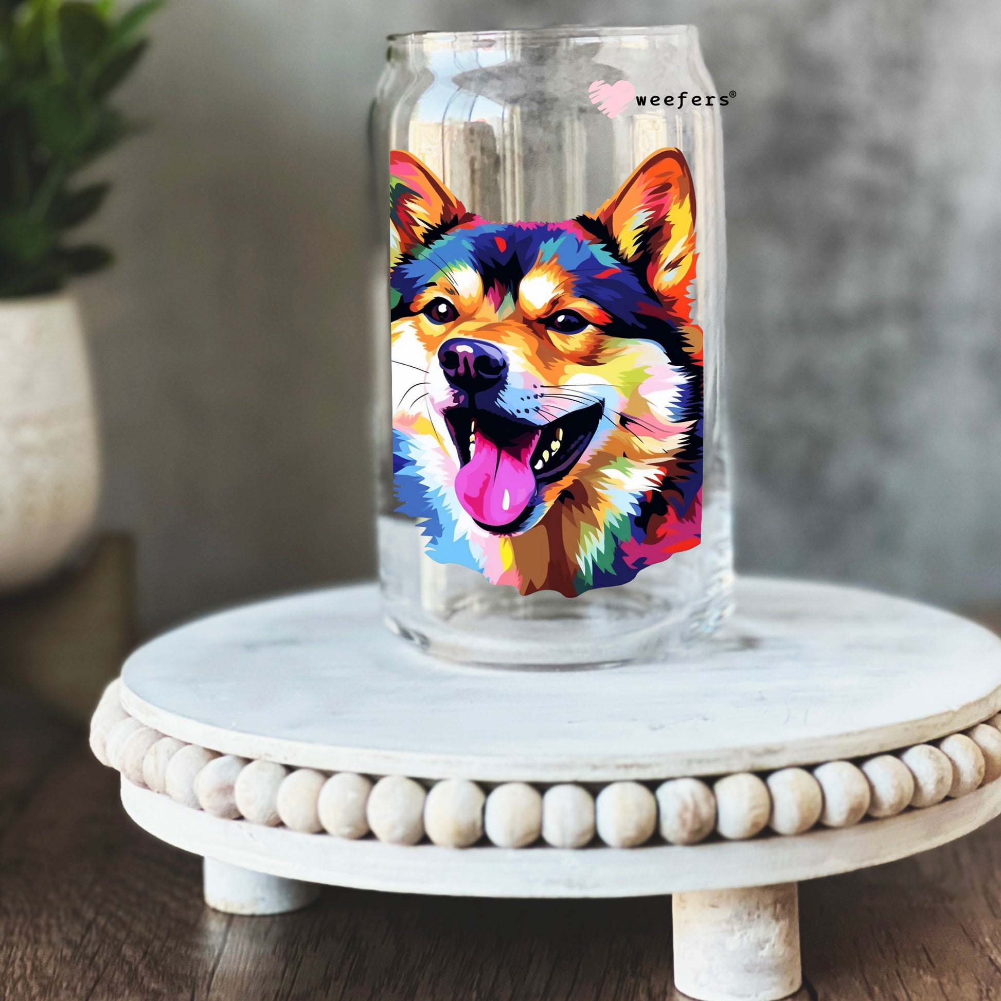 Shiba Inu Colorful Watercolor 16oz Libbey Glass Can UV DTF or Sublimation Wrap - Decal - Weefers