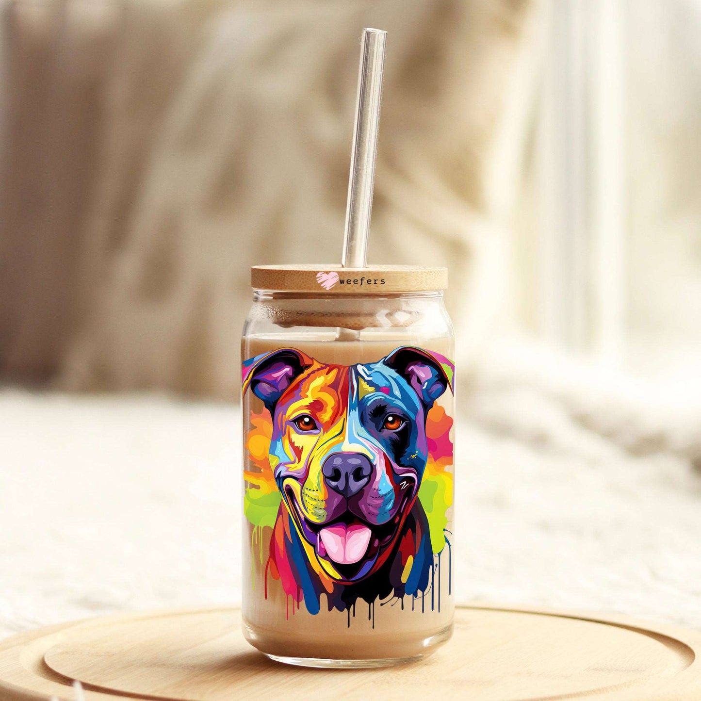 American Staffordshire Terrier Colorful Watercolor 16oz Libbey Glass Can UV DTF or Sublimation Wrap - Decal - Weefers