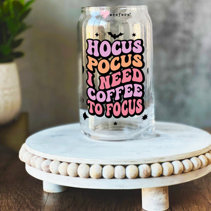 Hocus Pocus I Need Coffee to Focus Halloween 16oz Libbey Glass Can UV DTF Decal Transfer - Weefers