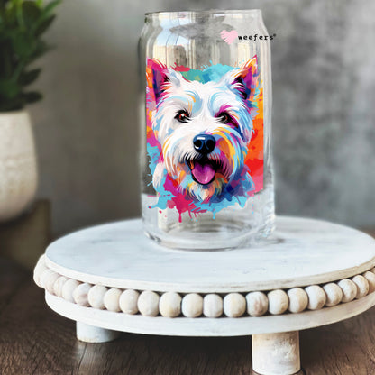 West Highland White Terrier Colorful Watercolor 16oz Libbey Glass Can UV DTF or Sublimation Wrap - Decal - Weefers