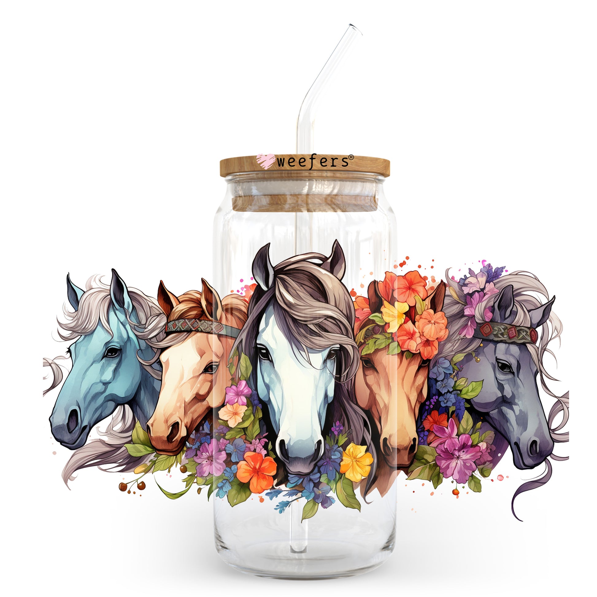 Colorful Horses 20oz Libbey Glass Can UV DTF or Sublimation Wrap Transfer - Weefers