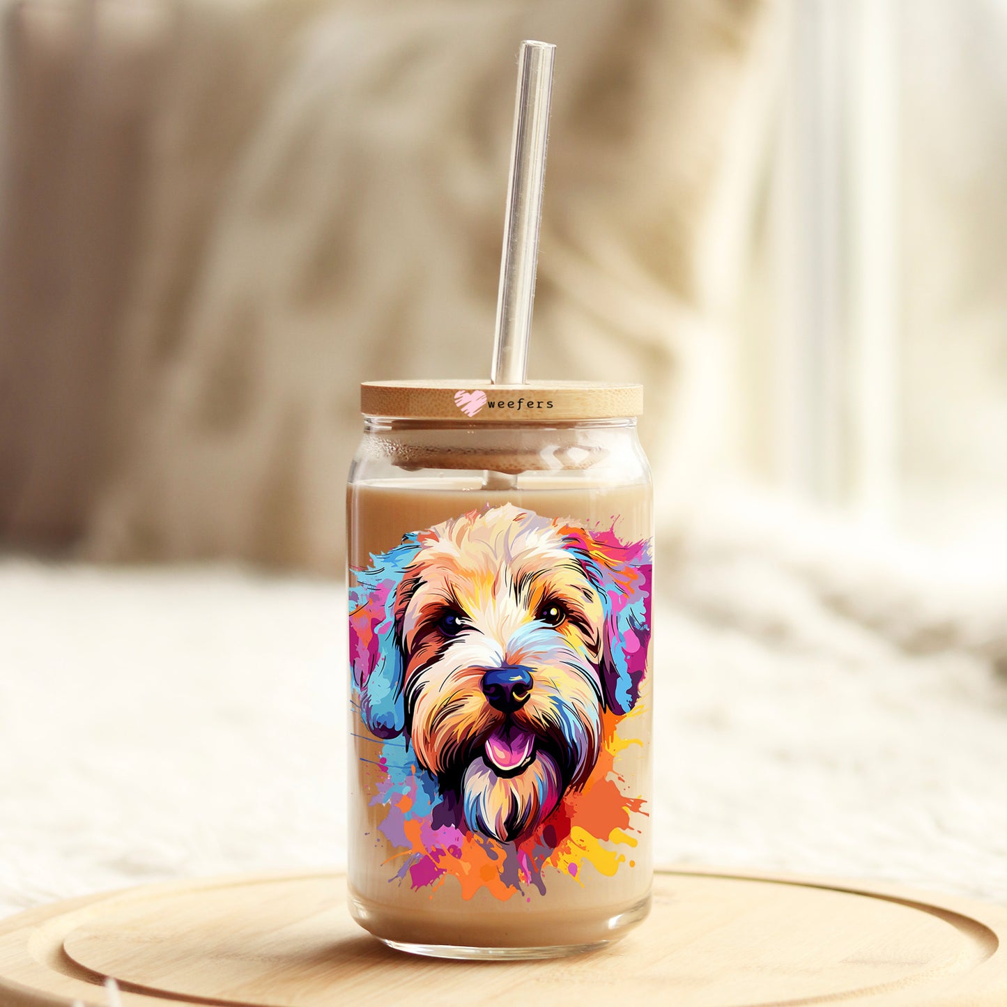 Soft Coated Wheaten Terrier Colorful Watercolor 16oz Libbey Glass Can UV DTF or Sublimation Wrap - Decal - Weefers