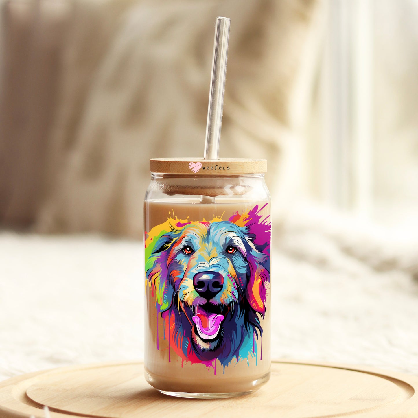 Irish Wolfhound Colorful Watercolor 16oz Libbey Glass Can UV DTF or Sublimation Wrap - Decal - Weefers