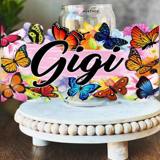 Gigi Colorful Butterflies 16oz Libbey Glass Can UV DTF or Sublimation Wrap Decal Transfer - Weefers