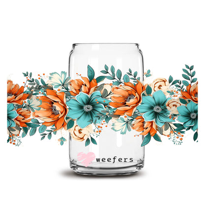 Floral Teal and Rust Swag 16oz Libbey Glass Can UV DTF or Sublimation Wrap - Transfer - Weefers