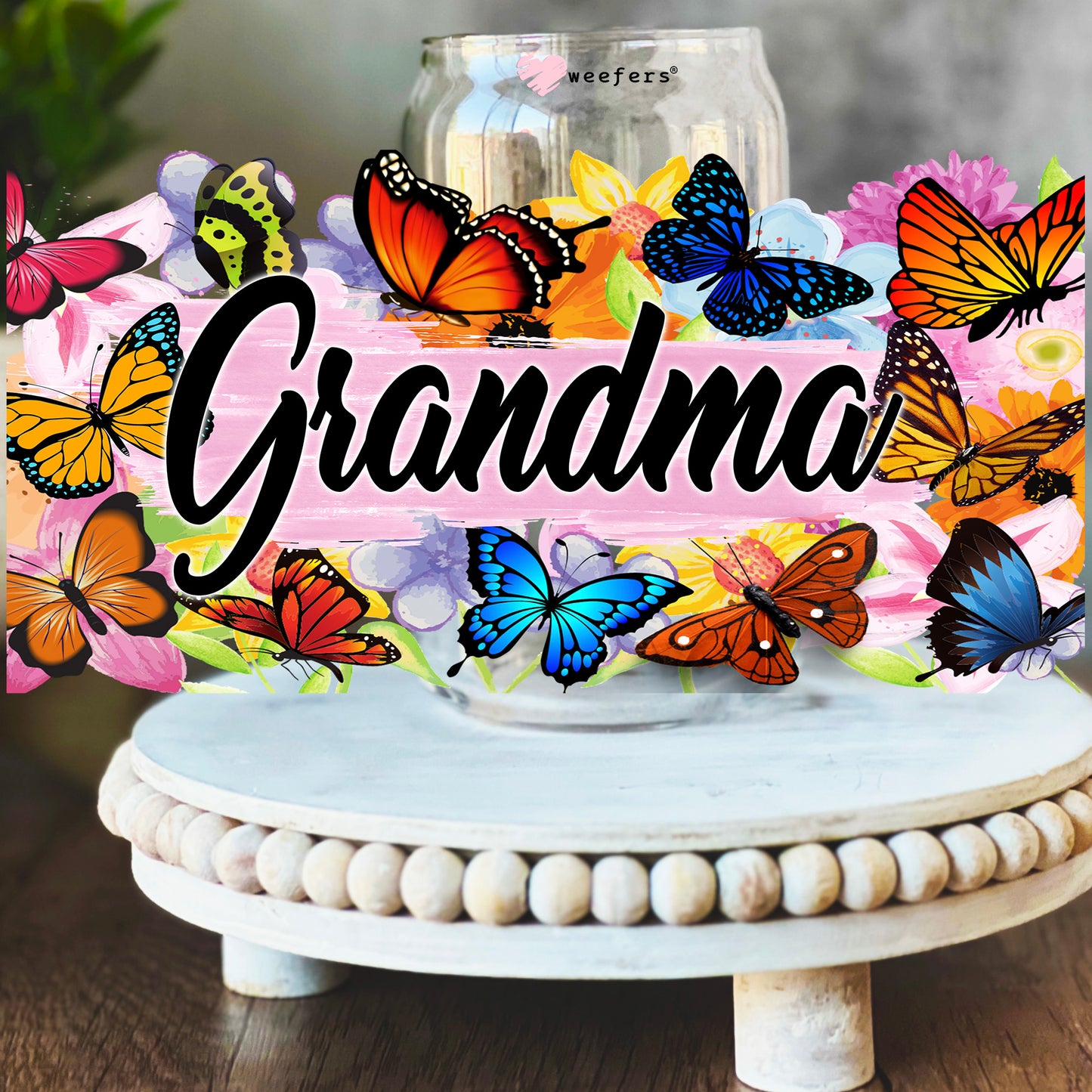 Grandma Colorful Butterflies 16oz Libbey Glass Can UV DTF or Sublimation Wrap Decal Transfer - Weefers