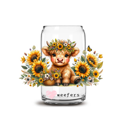 Baby Highlander Cow Sunflowers 16oz Libbey Glass Can UV DTF or Sublimation Wrap - Transfer - Weefers