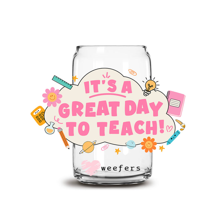 a glass jar with a sticker that says it's a great day to