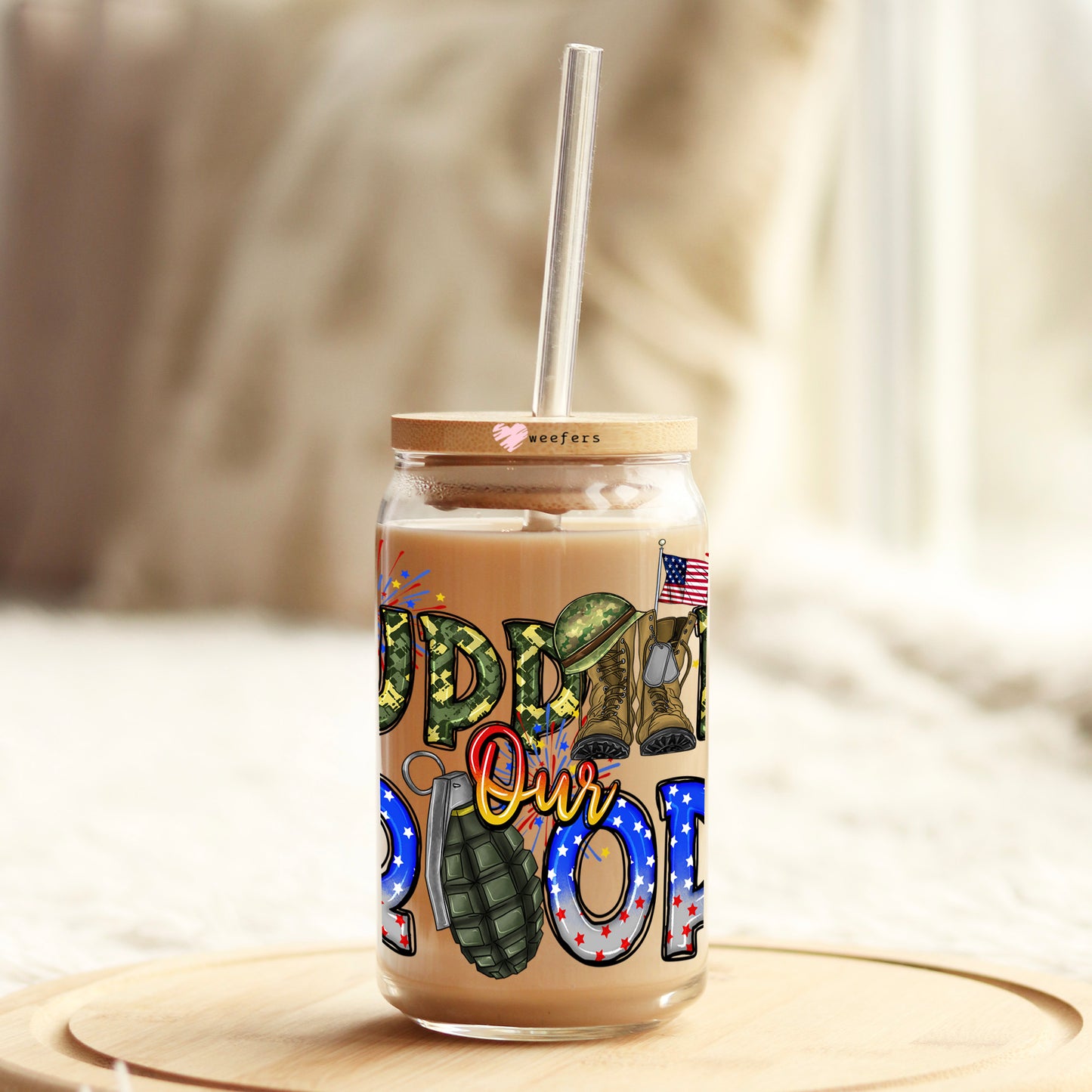 Support Our Troops 16oz Libbey Glass Can UV DTF or Sublimation Decal Transfer - Weefers