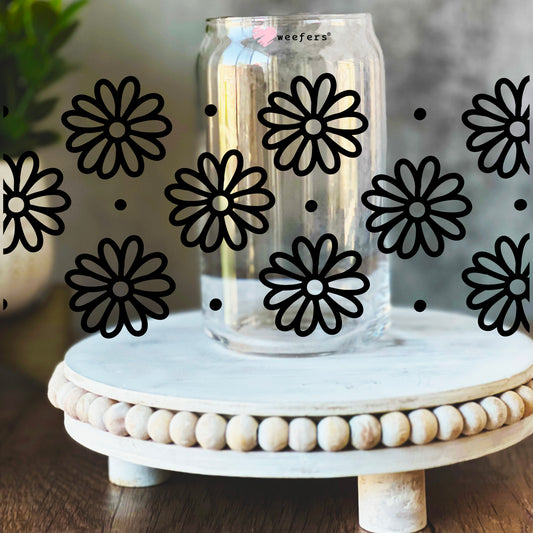 Black And White Daisies 16oz Libbey Glass Can UV DTF or Sublimation Wrap Decal Transfer - Weefers