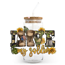 Load image into Gallery viewer, a mason jar filled with a pair of boots and the words love my soldier
