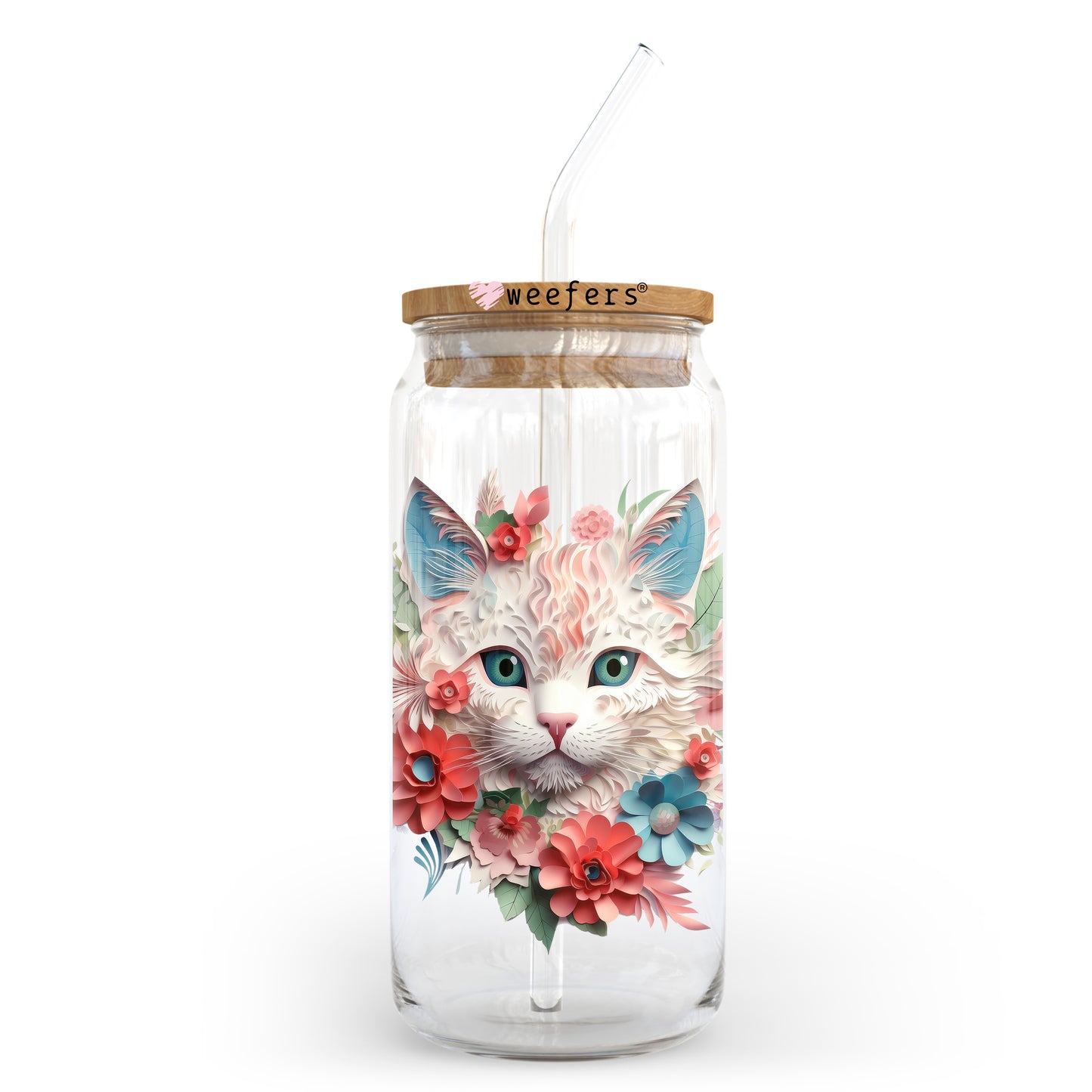 Floral Cat 20oz Libbey Glass Can, 34oz Hip Sip, 40oz Tumbler, 24oz Cold Cup UV DTF or Sublimation Decal Transfer - Weefers